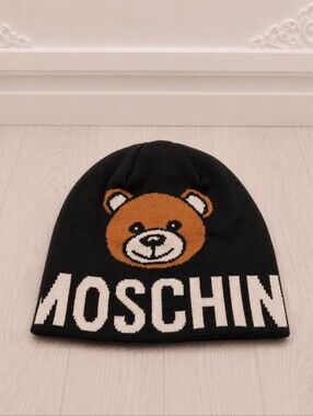 MOSCHINO Black Bear Knit Beanie with Tan Bear